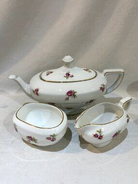VTG Czechoslovakia Victoria China Teapot Creamer Open Sugar Bowl Set Rose Floral